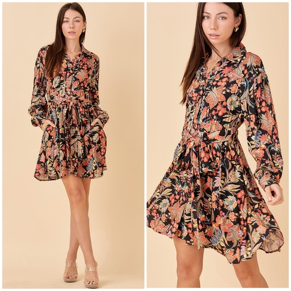 FEW LEFT❗️POLAGRAM Black Floral Long Sleeves Short Dress - Picture 7 of 8